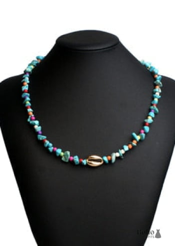 Boho Necklace, Blue Colorful Gold Shell